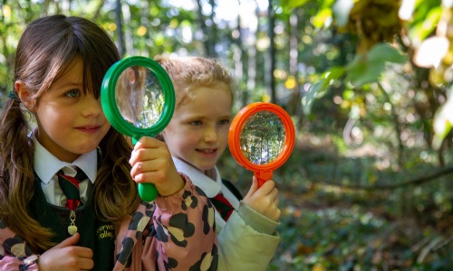 picture of children in the woodland looking through magnifying glasses